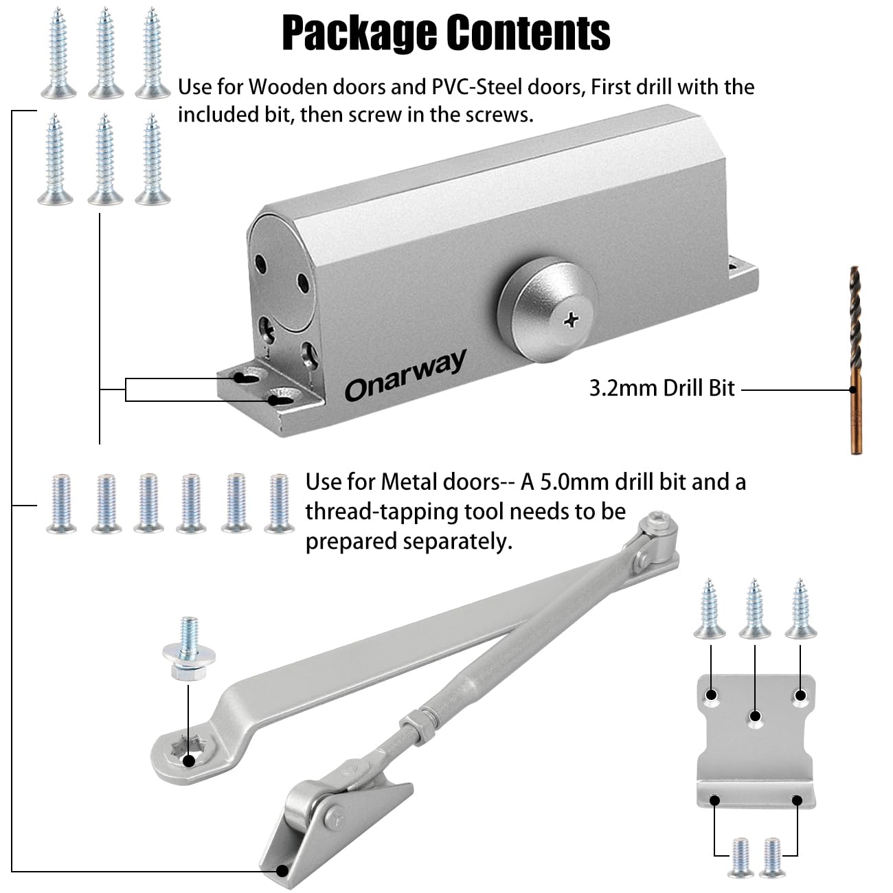 Onarway Door Closer / Closure Adjustable Automatic Size 3 Spring Hydraulic Aluminum Alloy Body for Residential and Light Commercial Use for Door Weights 99~132 Lbs, Easy Install