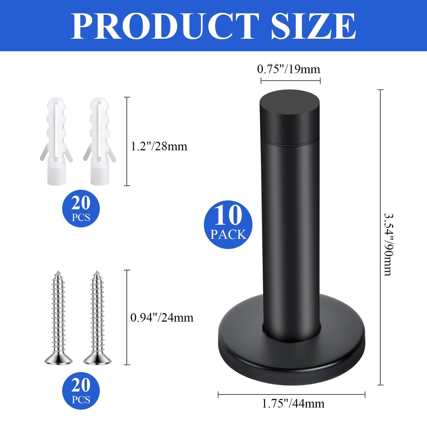 Supkiir 10Pcs Door Stop, 3.5 Inch Heavy Duty 304 Stainless Steel Door Stopper with Rubber Tips Bumper, Wall Mounted Door Holder Protection Sound Dampening, Matte Black