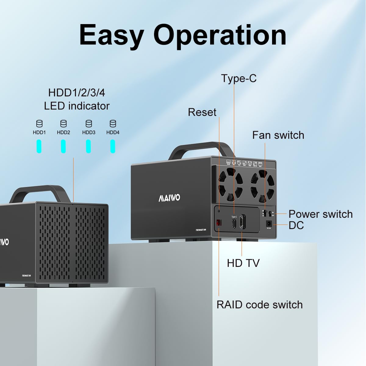 MAIWO 4 Bay RAID Enclosure for 3.5" SATA HDD with 2 Fans,USB 3.1 SATA Hard Drive Enclosure with HD-MI Port, 7 RAID Modes, Support 96TB Capacity Expansion