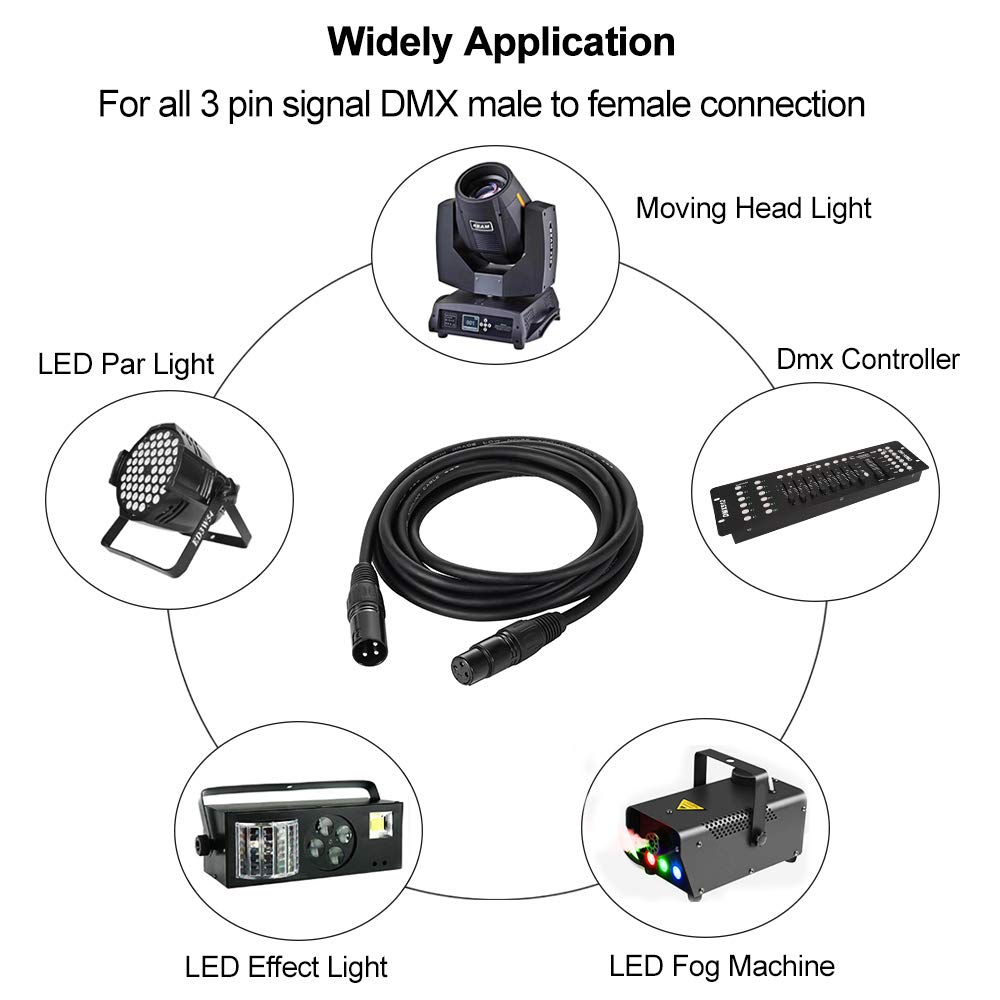 Eyeshot 10ft DMX Cable, 4 Packs 3 Pin DMX Cable, DMX Cables, Stage Light Signal Cable XLR Male to Female DMX512 with Metal Connectors, Connection for Lights