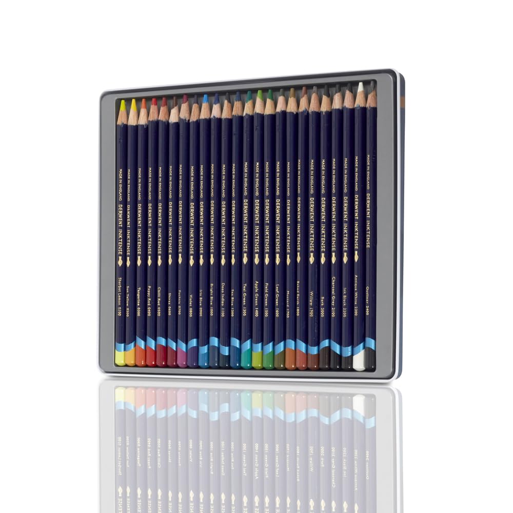 Derwent Inktense Pencils Tin, Set of 24, Great for Holiday Gifts, 4mm Round Core, Firm Texture, Watersoluble, Ideal for Watercolour, Drawing, colouring and Painting on Paper and Fabric (0700929)