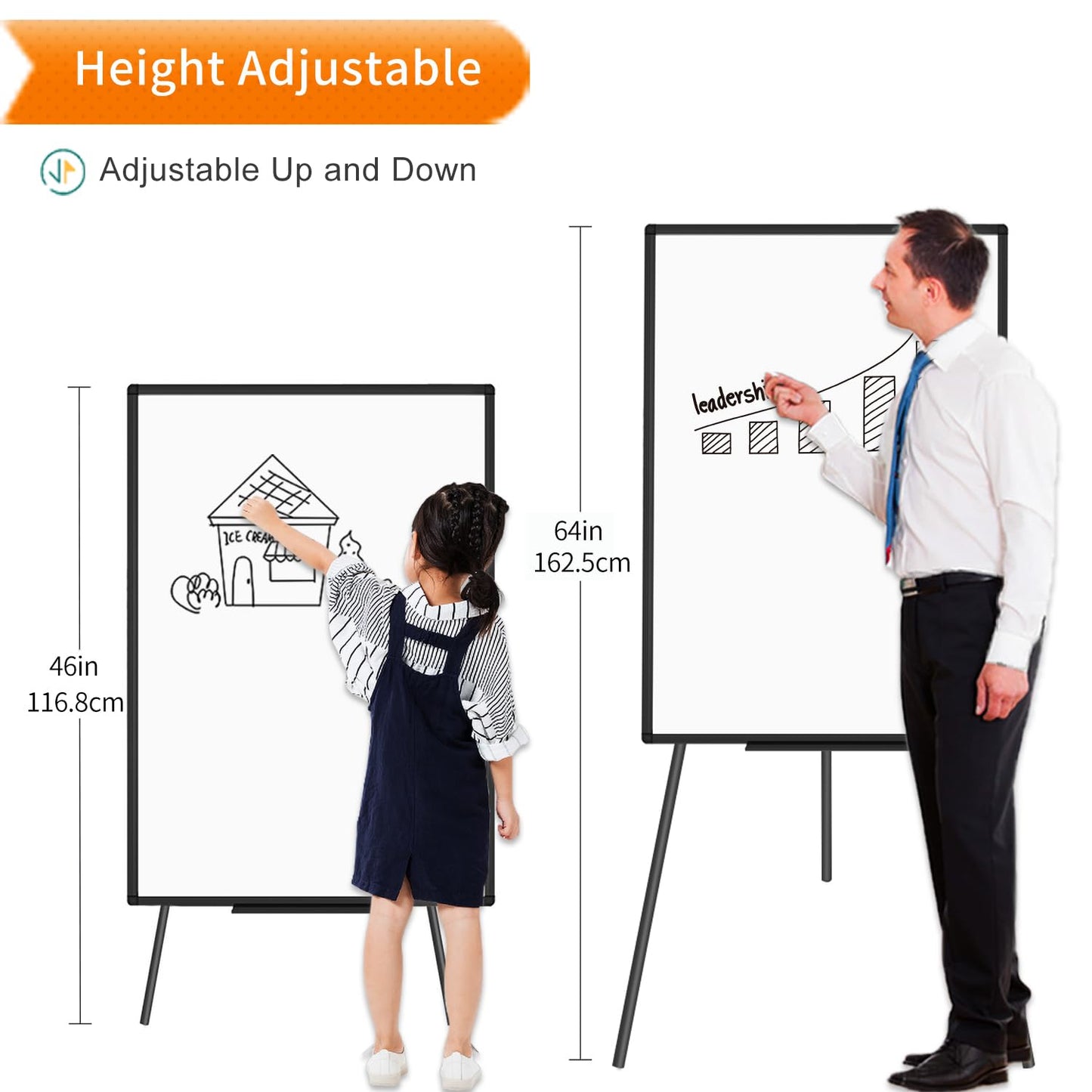 VIZ-PRO Magnetic Whiteboard Easel Black, 36 x 24 Inches, Portable Dry Erase Board Height Adjustable for School Office and Home