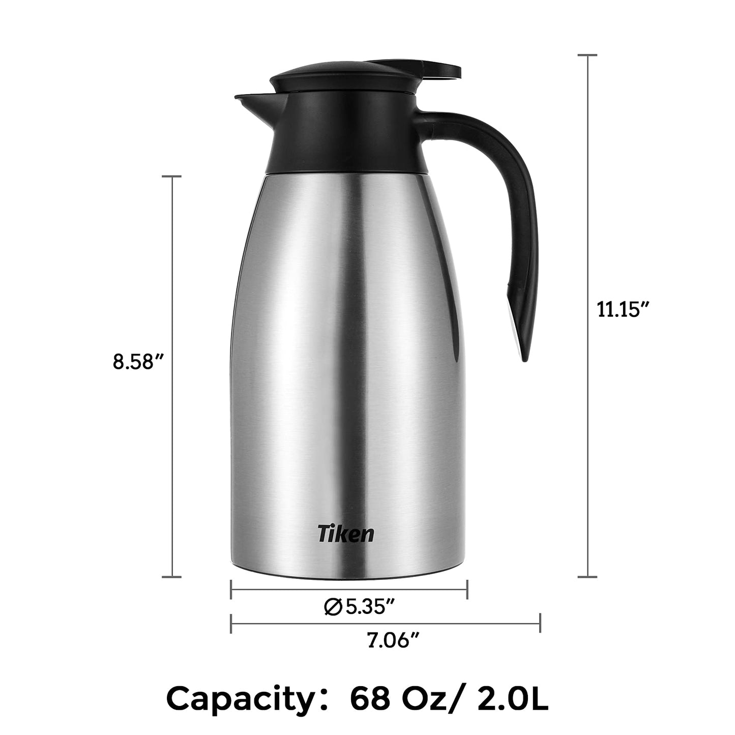 Tiken 68 Oz Thermal Coffee Carafe, Stainless Steel Insulated Vacuum Coffee Carafes for Keeping Hot, 2 Liter Beverage Dispenser (Silver)