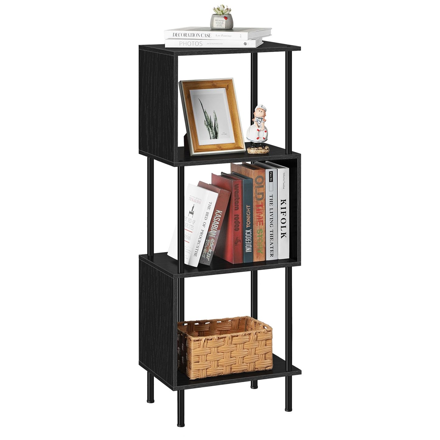 4 Tier Bookshelf for Small Spaces Narrow Black Bookcase Organizer S-Shaped Wood Corner Bookshelves for Bedroom, Study Room, Living Room and Home Office