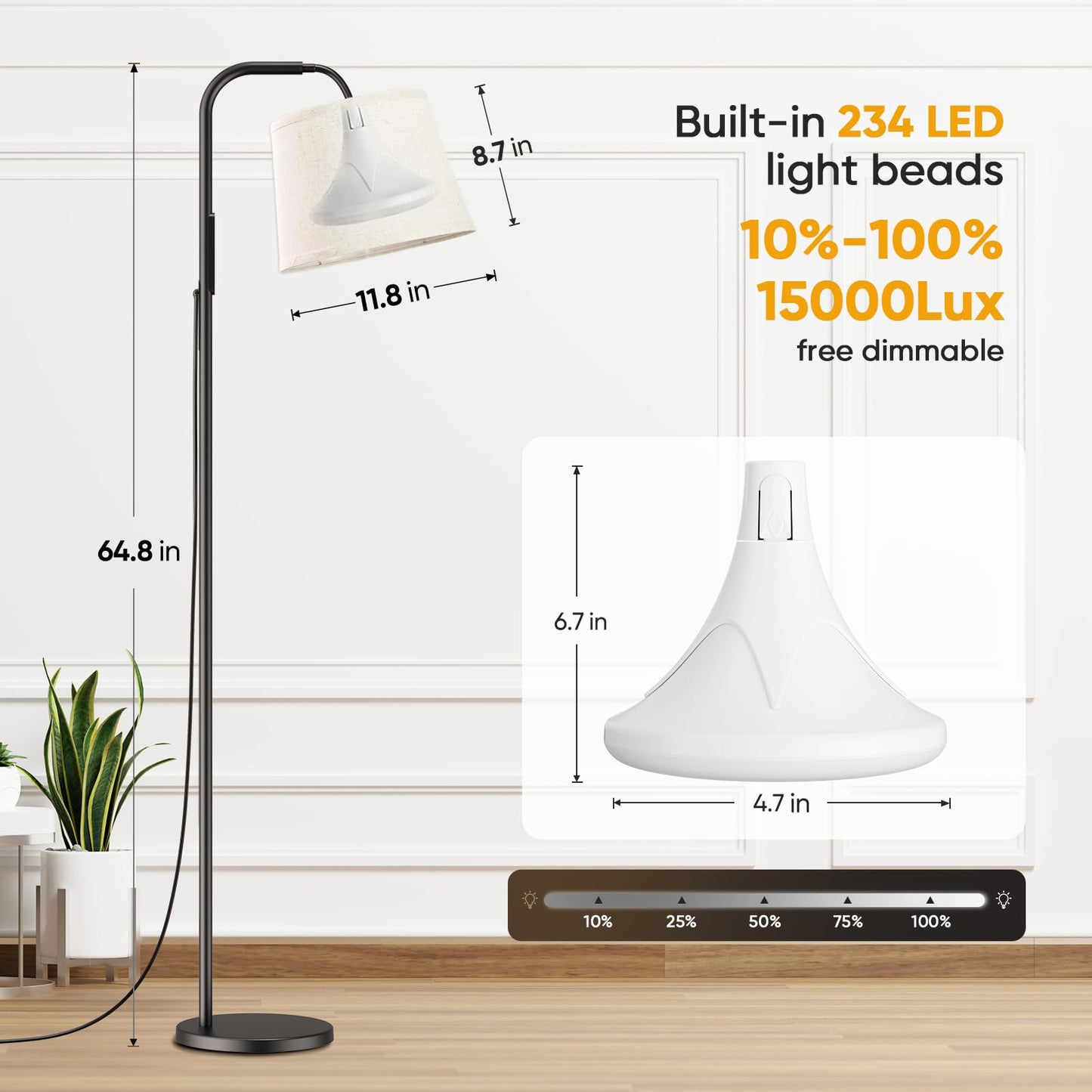 Caromolly Light Therapy Lamp, 10000 Lux Light Therapy Lamp with Remote, Adjustable Color/Brightness/Timer, Modern Light Therapy Floor Lamp with Linen Shade for Office, Living Room, Bedroom, Grey