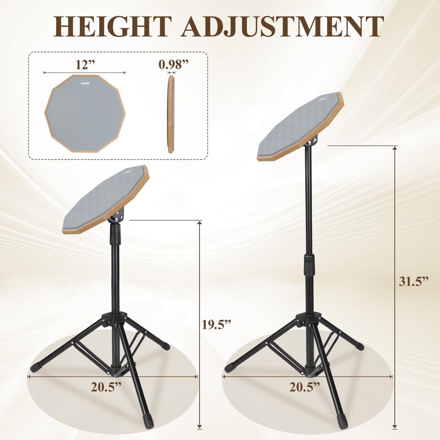 Drum Practice Pad Snare Drum Stand Set 12 In With Double Sided Silent Drum Pad, Drum sticks,Carrying Bag Adjustable Stand (Grey)
