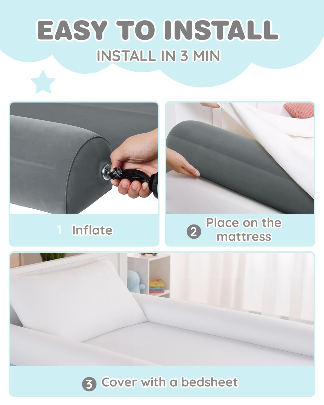 Lilian&Gema 2 Pack Inflatable Bed Rails for Toddlers, Travel Bed Bumper, Portable Toddler Bed Rail for Twin, Full, Queen, King Size Beds, Baby Bed Rail Guard with Non-Slip Flocking for Travel, Home