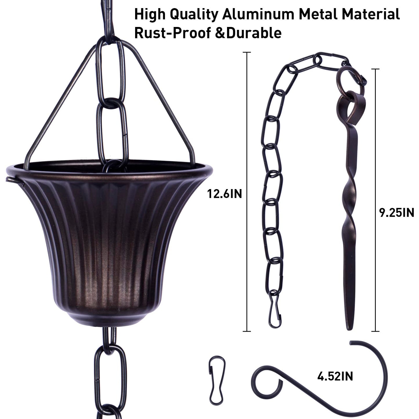 Rain Chain Set 8.5 Ft,Not Rust Wrought Iron Rain Chains for Gutters with Adapter Gotta Drain and Rain Chain Anchoring Stake, 14 Cups, 1 Hook, Adjustable Length for Garden Decorative (Coffee)