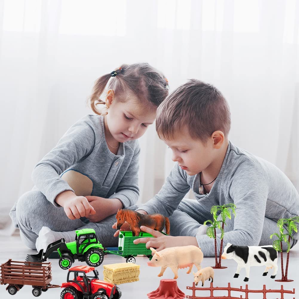 3 Pack Farm Toy Tractor with 40pcs Plastic Farm Animals Figurines and Fence Farm Playset, Farm Figures Farmer Vehicle Toy Truck with Trailer for Kids Boys Girls Toddlers