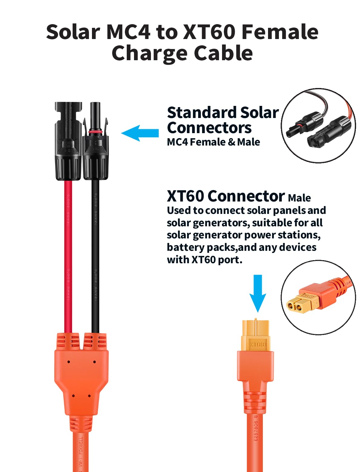 Tonton Solar Panel Connector to XT60 Adapter Extension Cable, 12AWG 16.5ft, for Solar Panel to Portable Power Station, Solar Generator, RV, and EF ECOFLOW RIVER & DELTA Series Portable Power Stations