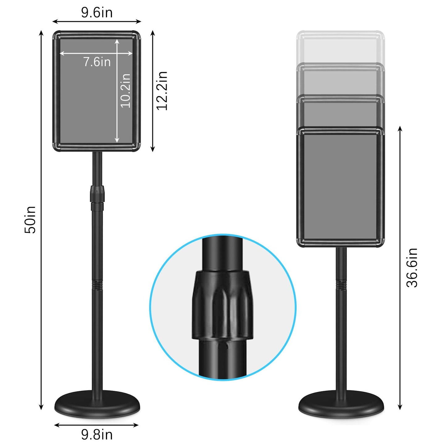 Pedestal Sign Holder Stand 8.5x11 Inch Adjustable Heavy Duty Floor Standing Sign Stand with Round Base Snap open frame 360° Rotation for Trade Show Shopping Malls Business Store Black 1 Pack