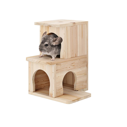 CHIIRAKU Chinchilla House – Natural Wooden Hideout, Safe & Durable, Unpainted, with Pegs for Teeth Grinding