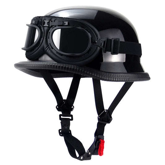 Motorcycle Helmet, German Style DOT Approved, Adult Half Helmet Personality Vintage Motorcycle Cruiser Scooter Helmet, with Windproof Glasses for Men Women (M, Glossy Black)