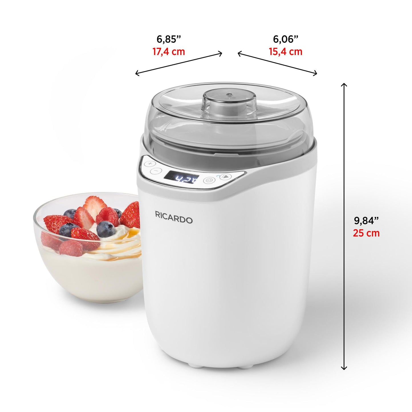 RICARDO Yogurt Maker, 1.5L Capacity, Fresh Yogurt in 8 Hours, Digital Timer, Compact Design, BPA-Free, Dishwasher Safe Detachable Parts