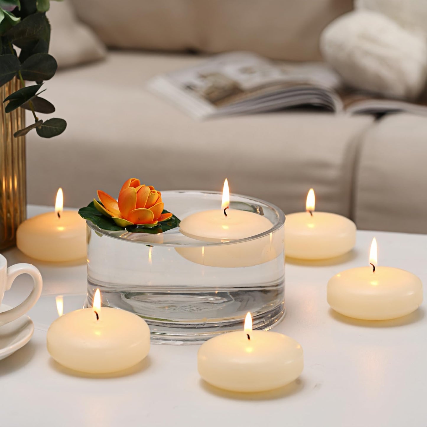 qinxiang 24 Pack Floating Candles, 3” Ivory Unscented Dripless Wax Burning Candles, for Cylinder Vases, Weddings, Party and Holiday