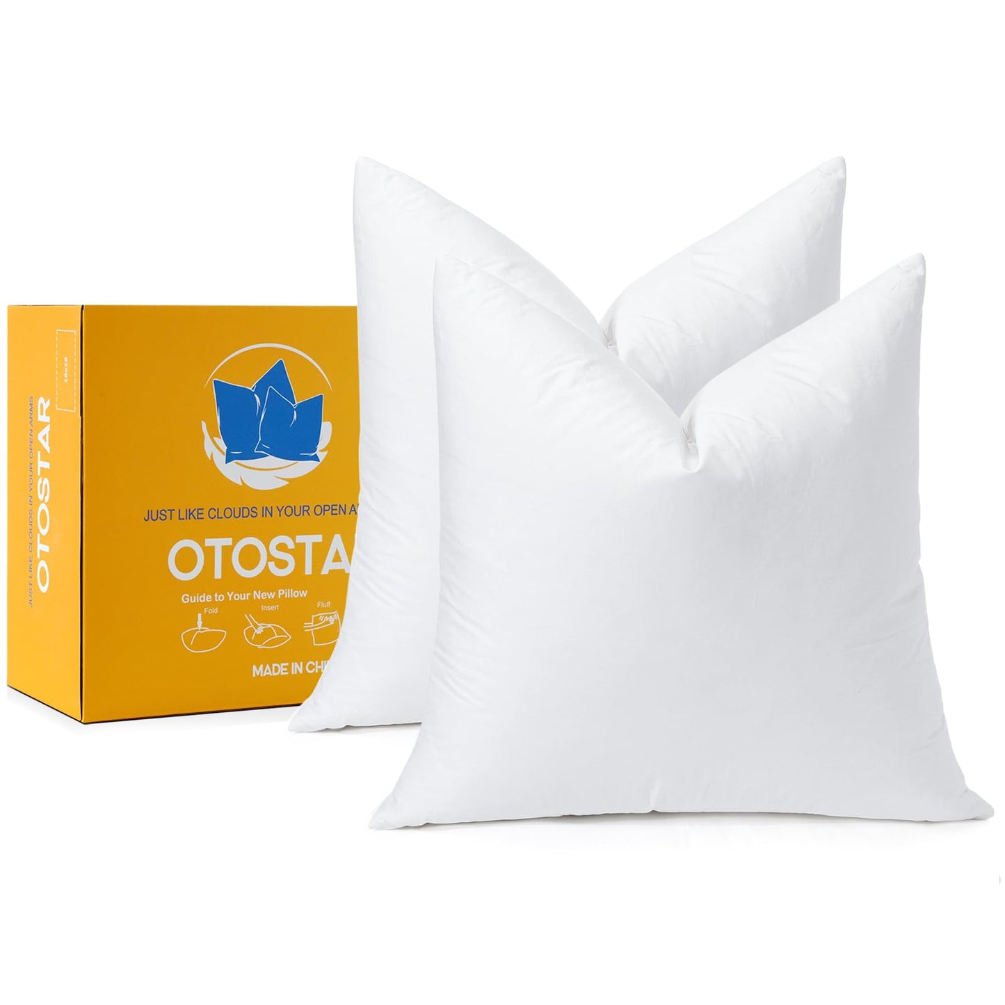 OTOSTAR Pack of 2 Down and Feather Throw Pillow Inserts, 28 x 28 Soft Fluffy Square Pillow Inserts with 100% Cotton Cover Decorative Pillows for Sofa Couch Bed-White