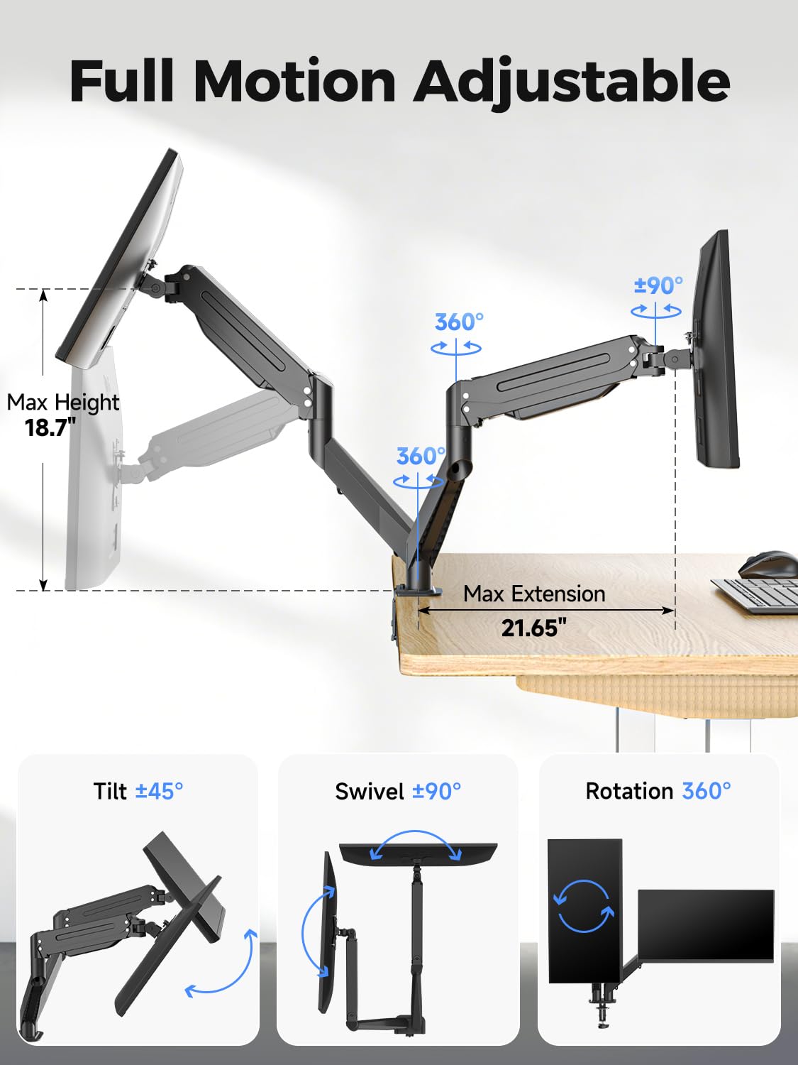 Suptek Dual Monitor Mount Stand-Height Adjustable Gas Spring Monitor Arm Desk Mount for 2 Computer Screens 17 to 32 inches - Each Arm Holds up to 22lbs,Black(MD8SP)