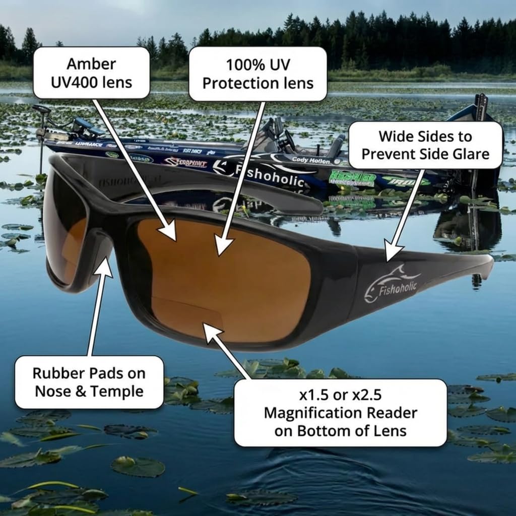 Fishoholic Polarized Bi-Focal Fishing Sunglasses with Reader Magnification (1.5x, 2.0x, 2.5x Options) and UV400 Protection