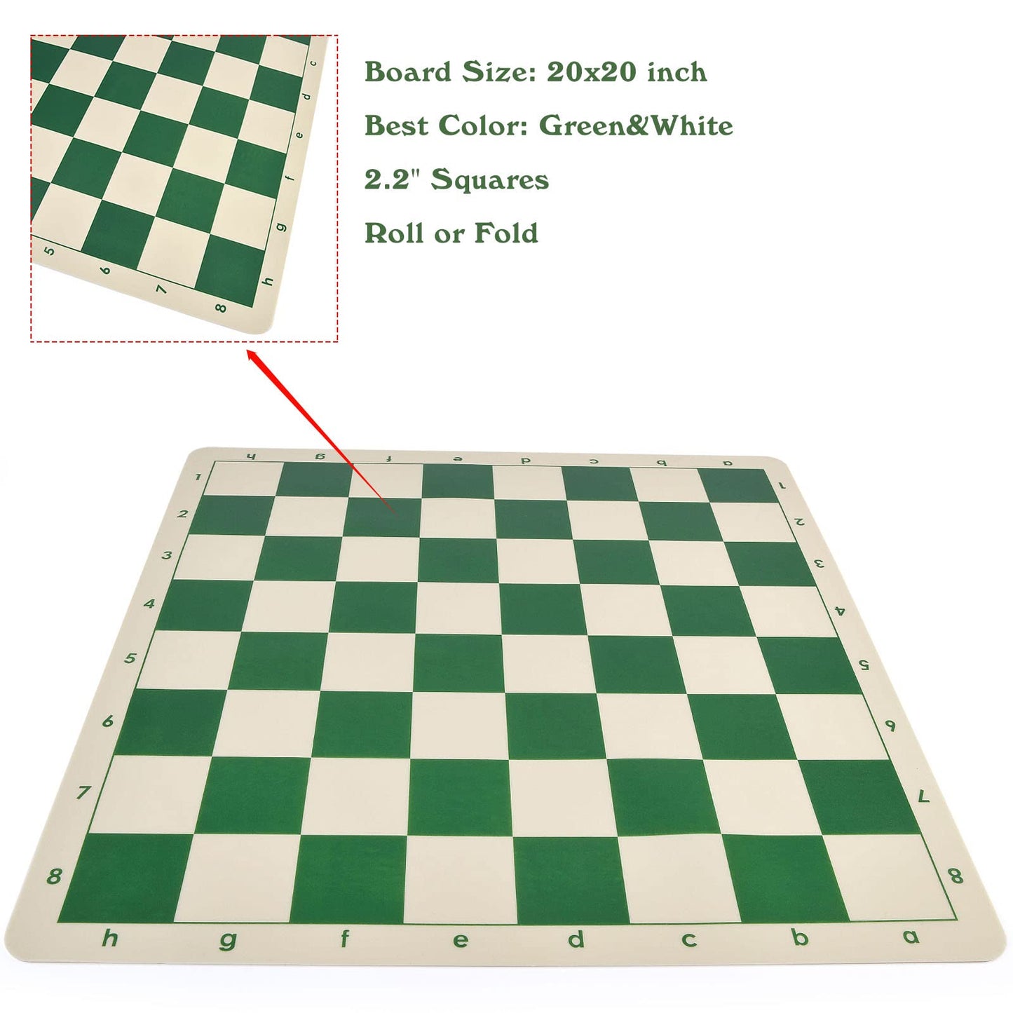 OUMODA 4" King Tournament Chess Set Foldable 20" Silicone Chess Board Mat with 2.2" Squares Green Color, Weighted Chess Pieces- 2 Extra Queens, Carrying Case for Storage and Travel
