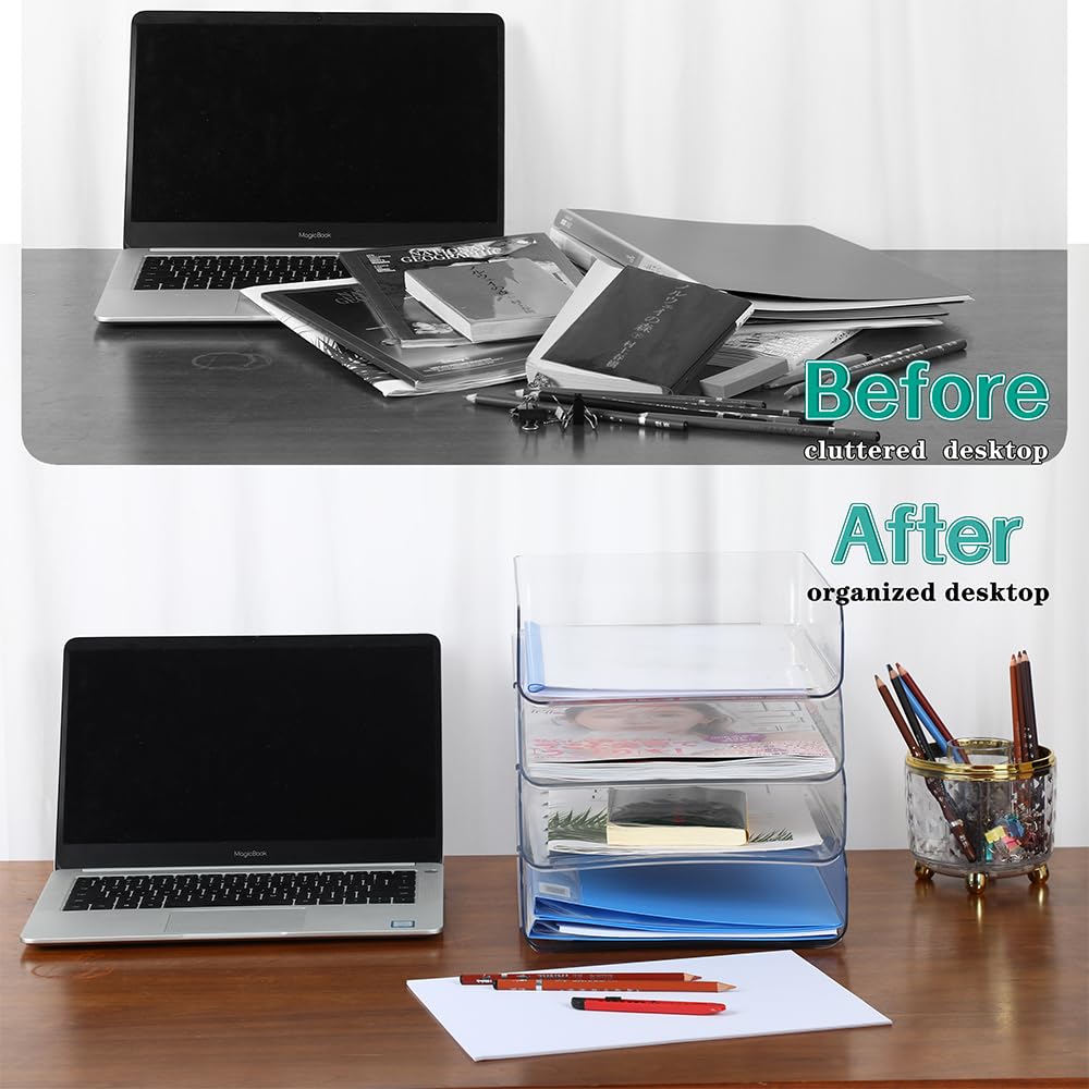 HKeeper 4 Tiers Stackable Desk Organizer,Letter Tray Organizer,A4 Paper Holder Holder,Desktop Book Magazine File Supplies Organizer,Perfect Office Manager(Portrait,Clear 4pcs/Set)