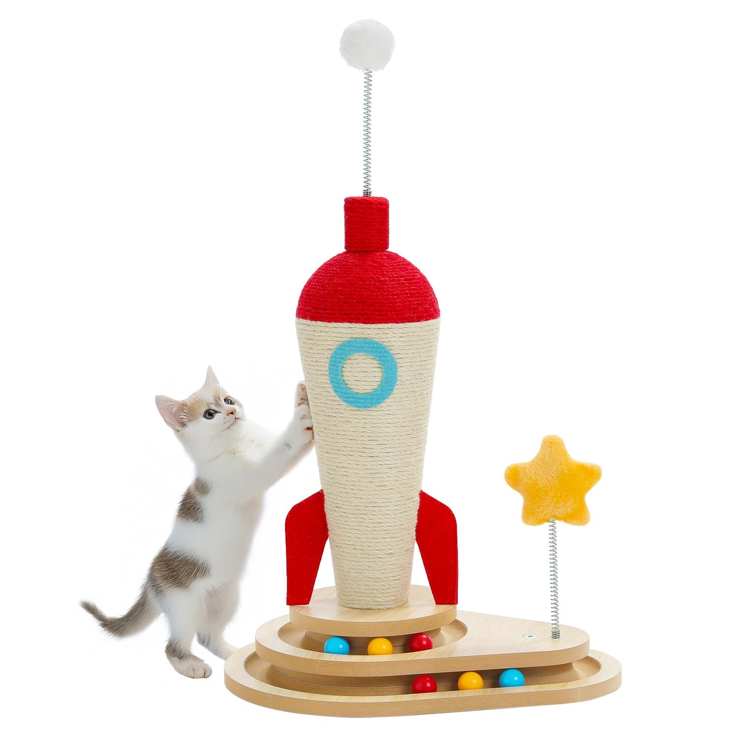 PEQULTI Rocket Design Cat Scratching Post, 24.8 Inches, Great Cat Scratching Structure for Indoor Cats with Cat Toy, Blue & White