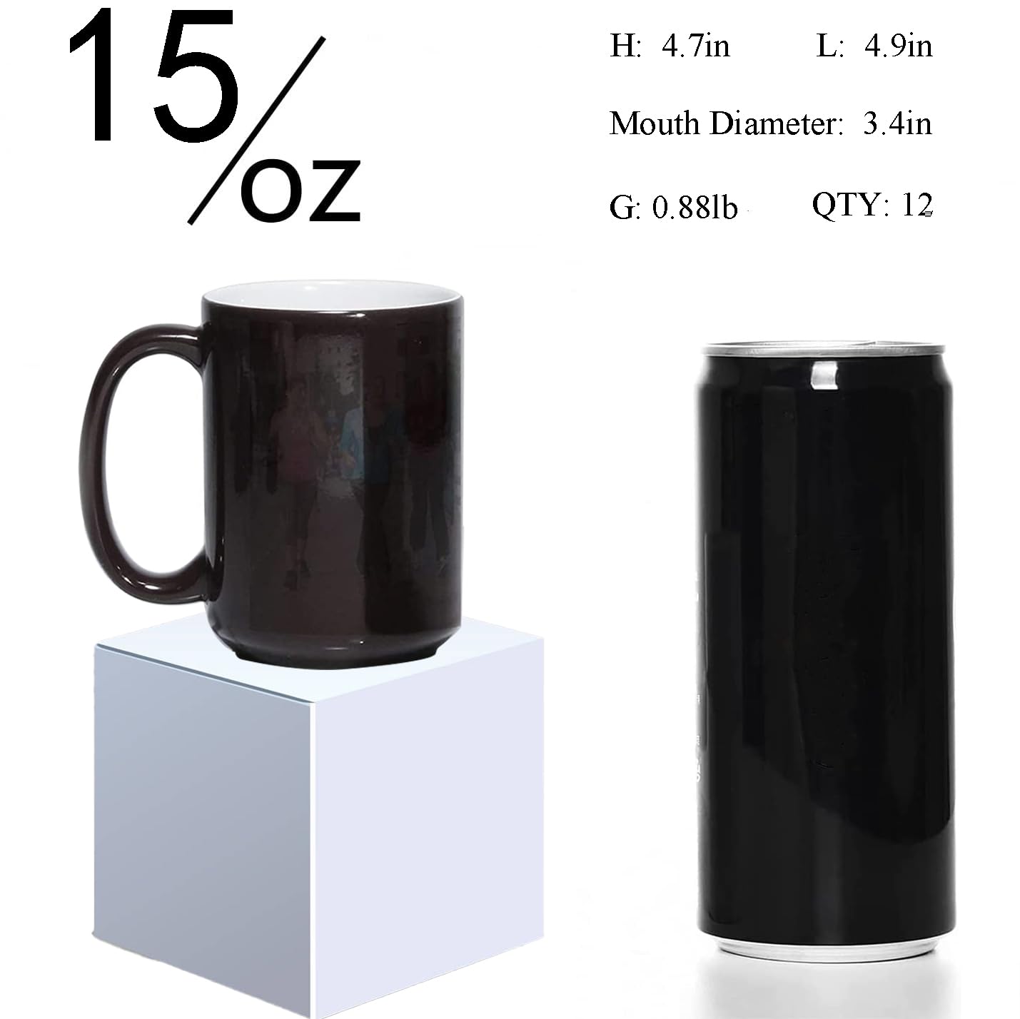 Color Changing Coffee Mugs Blank 15oz Black Cups 12 Pack with Box