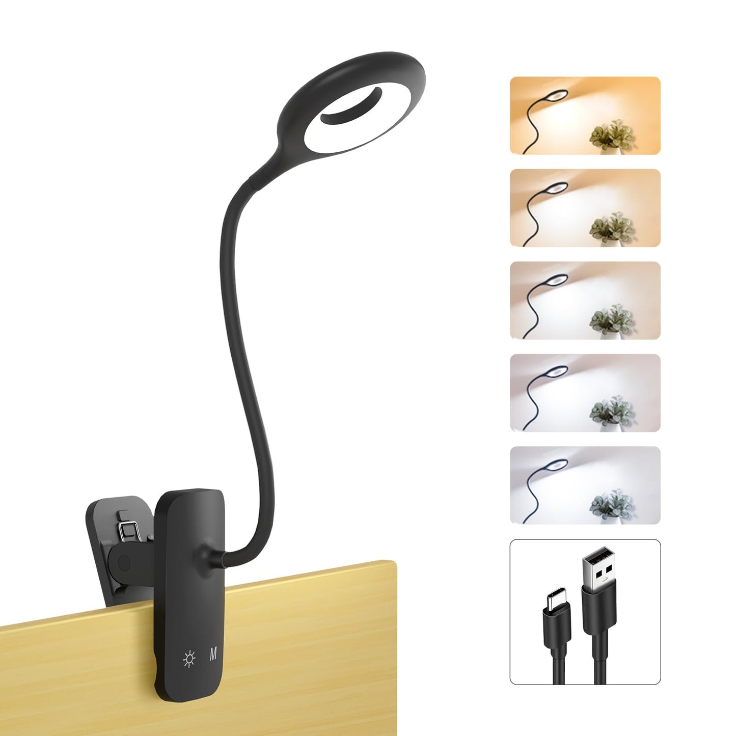 HECDSTLY 2 Pack Clip on Reading Light for Bed Headboard, Battery Rechargeable Large Clamp Bed Lamp - 5 Colors 5 Brightness, Flexible Arm Book Light at Night for Kids Bunk Desk Metal Bed Frame