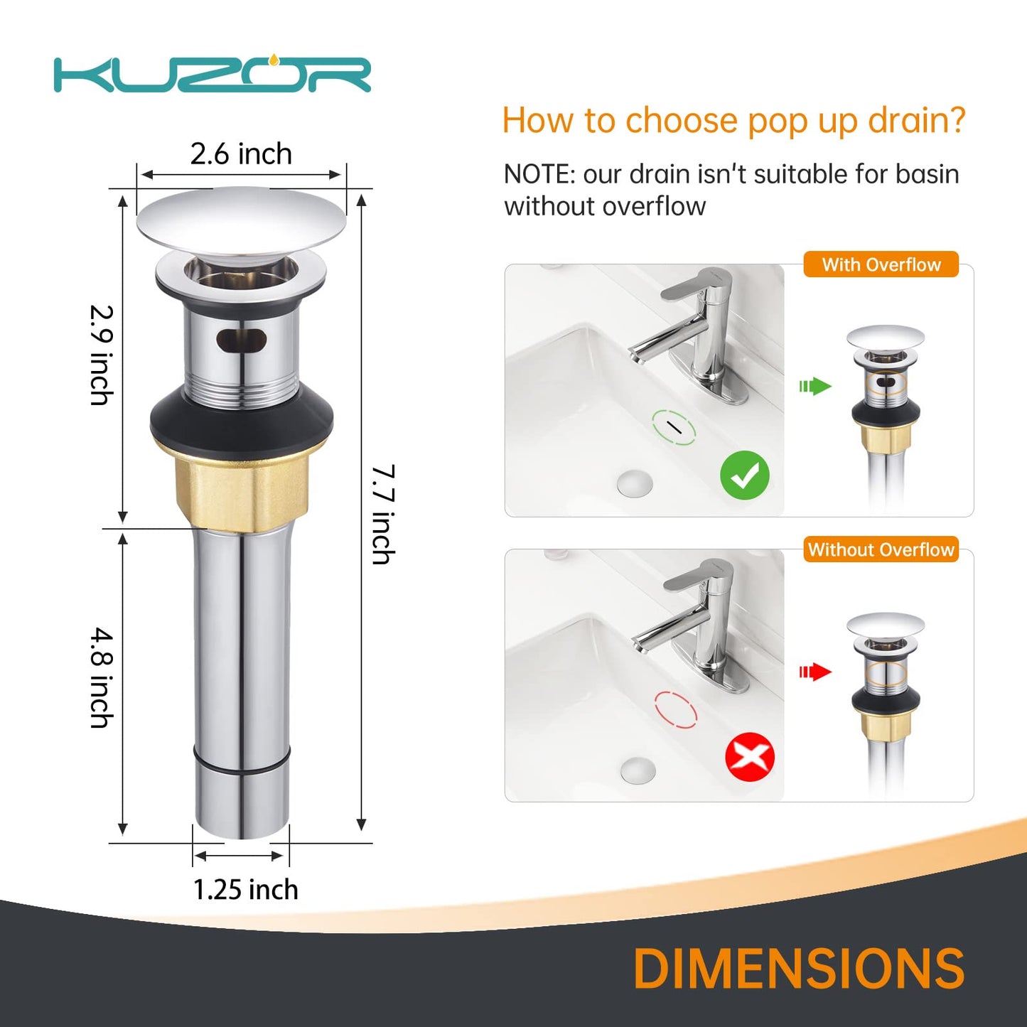 KUZOR 2PCS 304 Stainless Steel Bathroom Sink Drain with Overflow - Easy to Install for Modern Bath/Vanity/Vessel Pop Up Drain- Fits Sink Holes, 1-5/8 to 2 in - Chrome