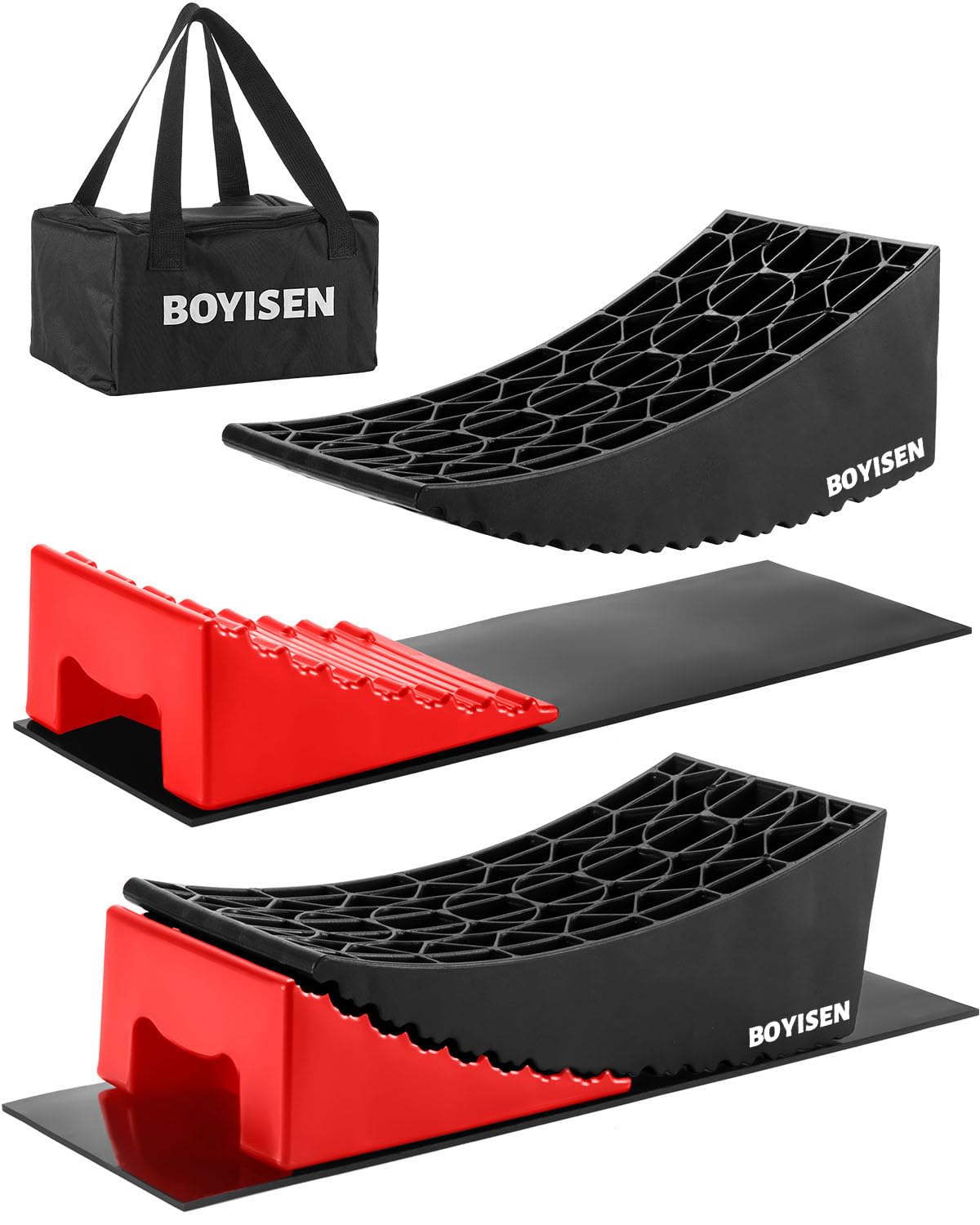 BOYISEN Camper Levelers 2 Pack - RV Leveling Blocks Ramp Kit Support Dual Axles Tandem Wheel Up to 35,000lbs RV Levelers with 2 Levelers 2 Chocks 2 Anti-Slip Mats and Carrying Bag Black