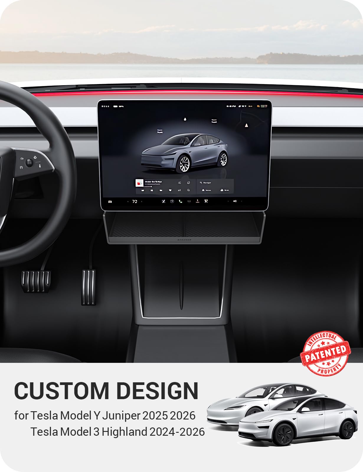 BASENOR 2026 Tesla Model Y Model 3 Center Console Organizer Storage Tray [100% Secure] Under Screen Organizer Box Tesla Interior Accessories for 2024-2026 Model 3 Highland 2025 2026 Model Y Juniper
