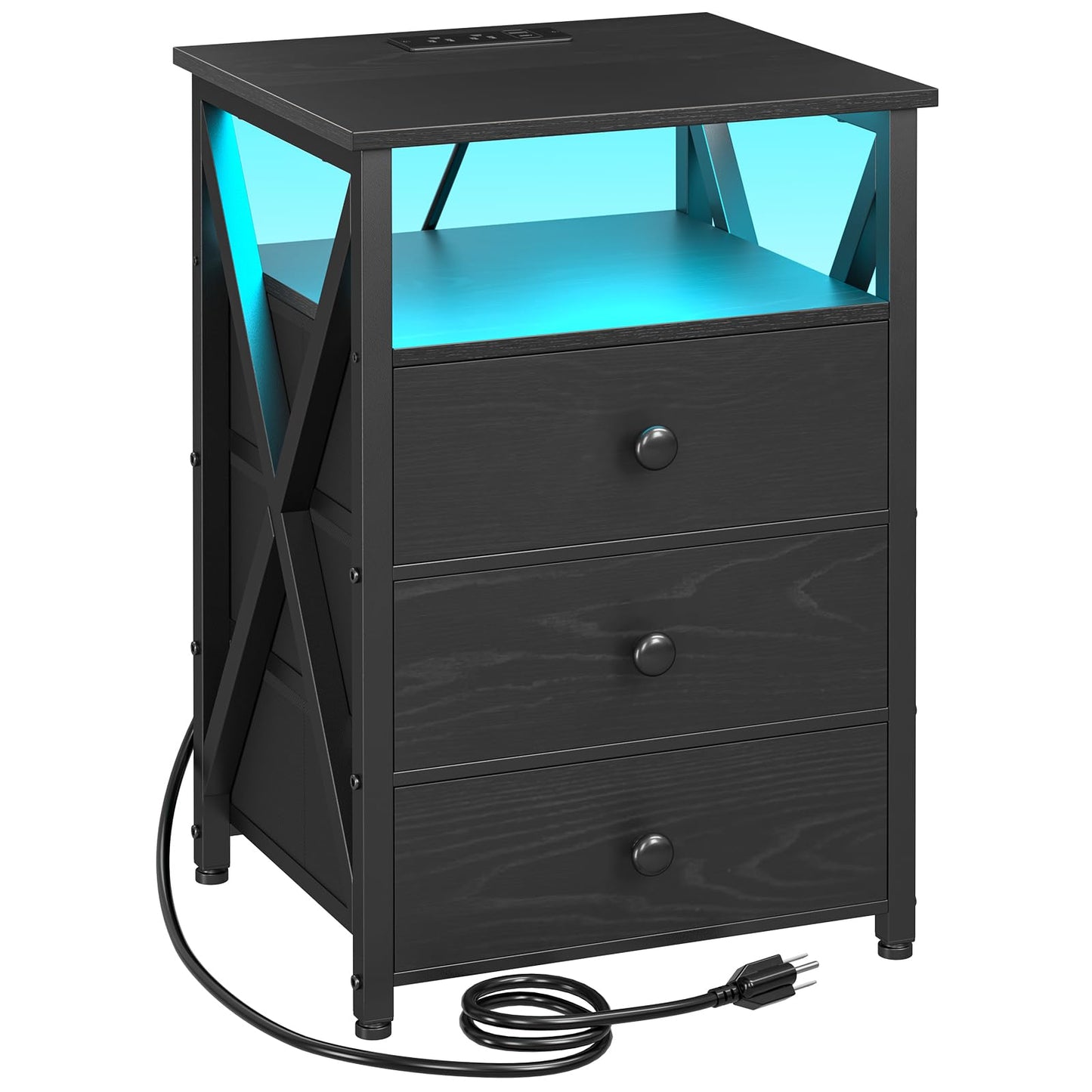 AMHANCIBLE LED Nightstand, End Side Table with Charging Station, Bedside Table with USB Port & Power Outlet, Modern Night Stand with Fabric Storage Drawers HET053LBK1