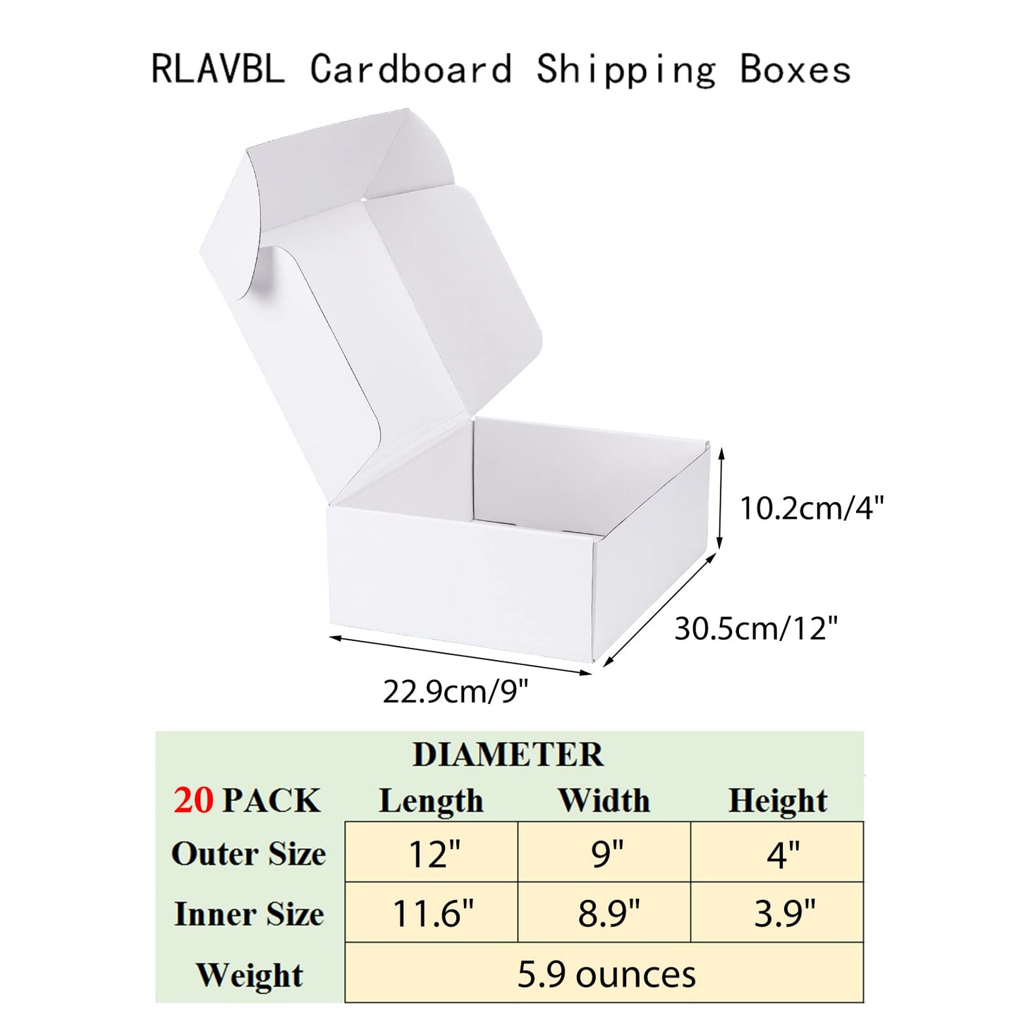 RLAVBL 12x9x4 Inches Shipping Boxes Set of 20, White Corrugated Cardboard Box for Packing, Mailing, Business