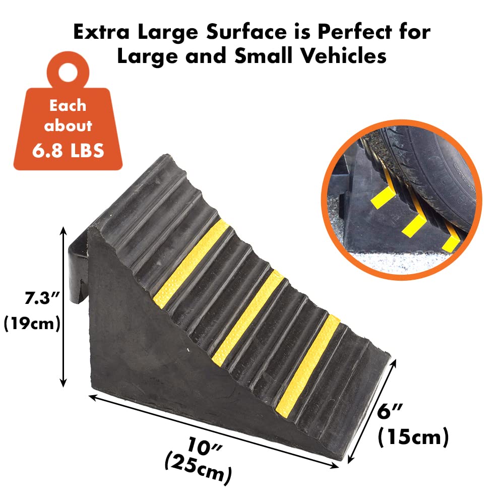 Genubi Industry 2 Pack Black Heavy Duty Extra Large Solid Rubber Wheel Chock with Portable Handle for Travel Trailer, Truck, Commercial Vehicle and RV, 9.5 Inches x 6 Inches x 7 Inches