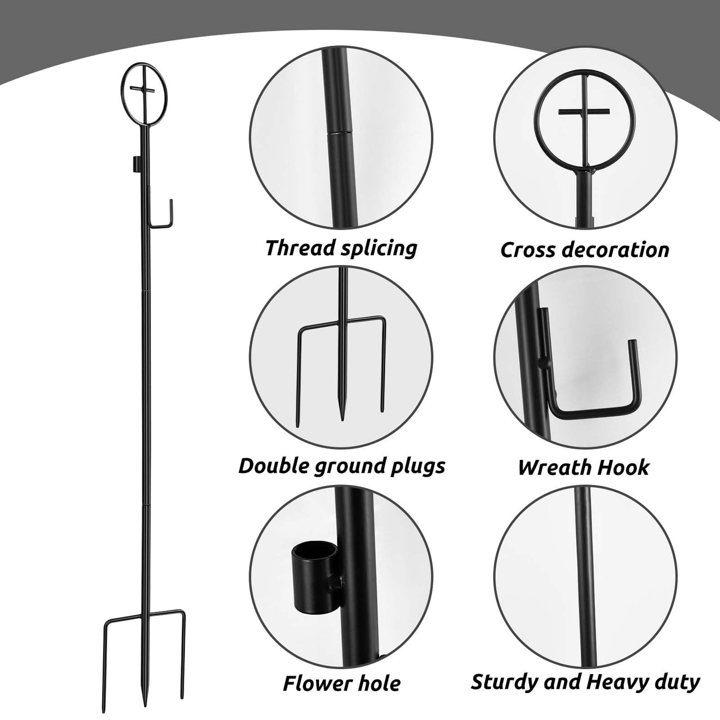 36" Black Metal Wreath Stake with Cross 3 Pronged Wreath Stake Heavy Duty Decoration Stand in Ground Cemetery Grave Wreath Holder for Cemetery, Graveside, Memorial Garden, Weddings (2 Pack)