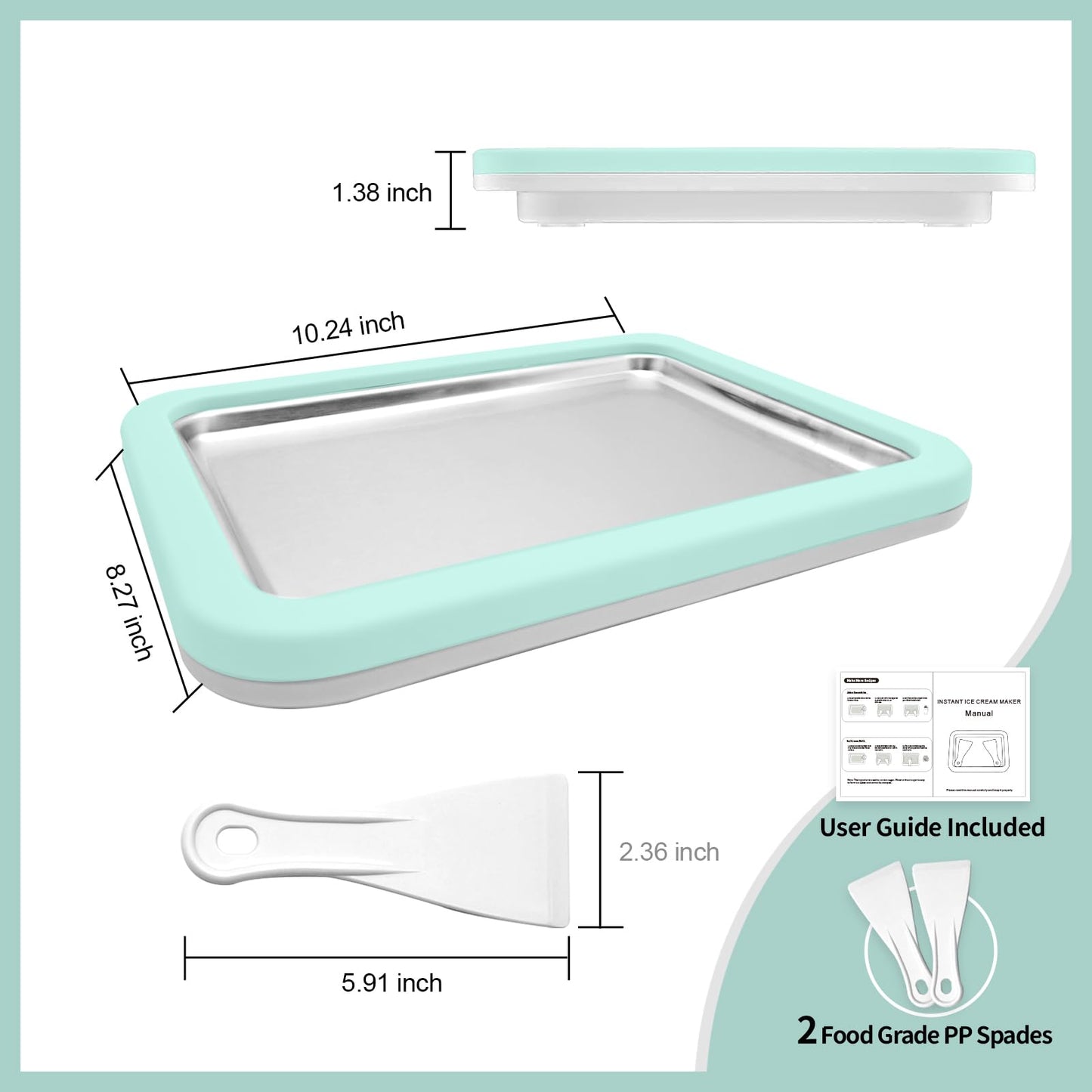 Instant Ice Cream Maker, Rolled Ice Cream Maker, Instant Gelato Pan/Roll, Homemade DIY Ice Cream for Fun Parent-Child Activities for Families Mint Green