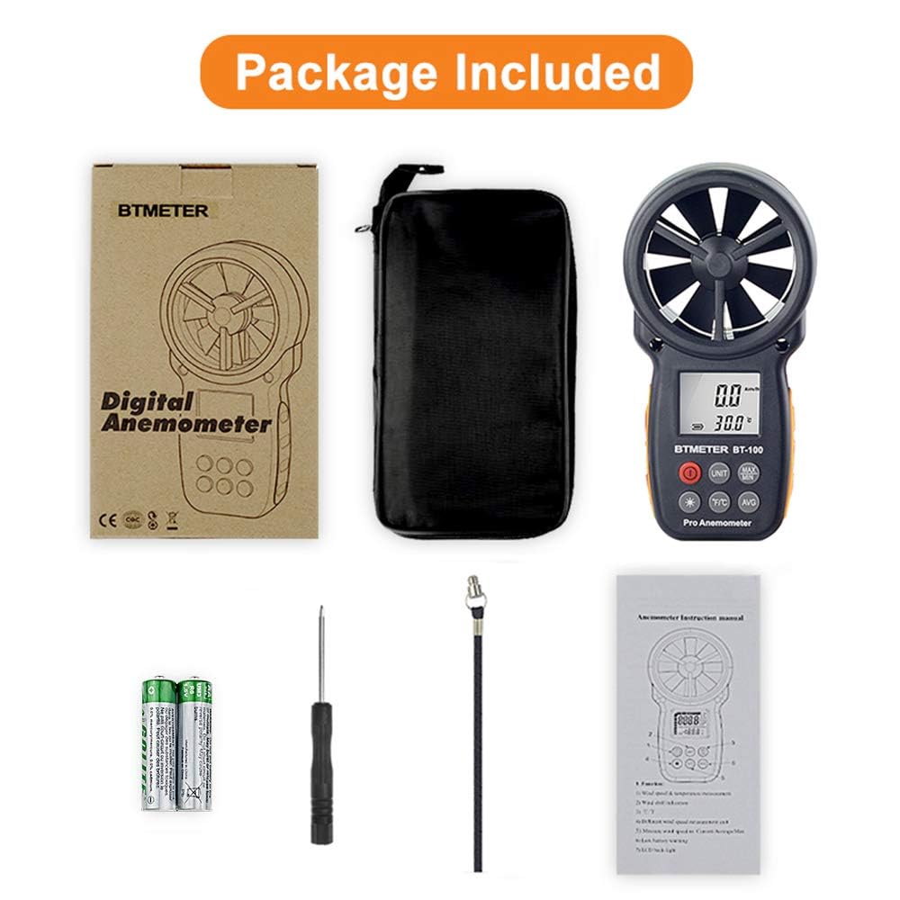 BTMETER Wind Speed Gauge Meter BT-100 Anemometer Portable Digital 14℉-113℉ Temperature Air Velocity Wind Chill Temperature Measurement Backlight Accurately Measuring