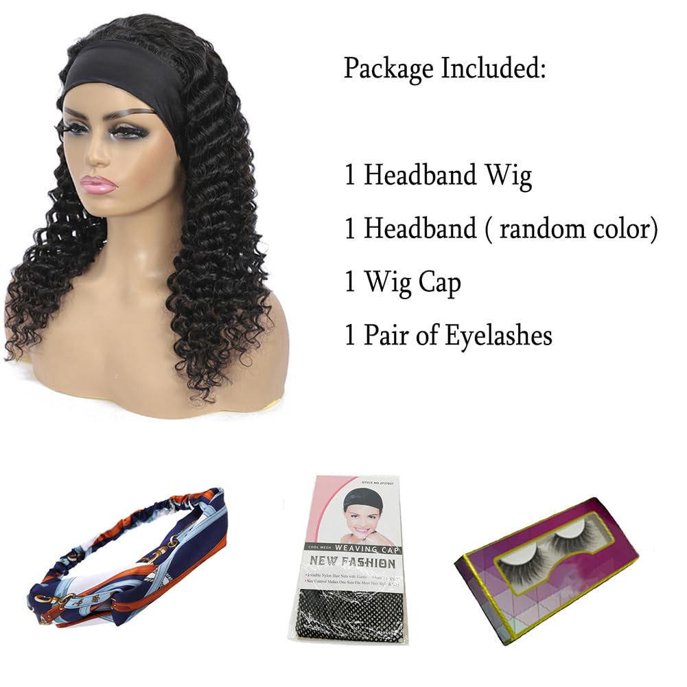 WENYAN Deep Wave Headband Wig Human Hair Wigs for Women Human Hair 16Inch None Lace Front Wigs Perruque Femme Humain Naturel Glueless Real Hair Curly Wave Wig 150% Density
