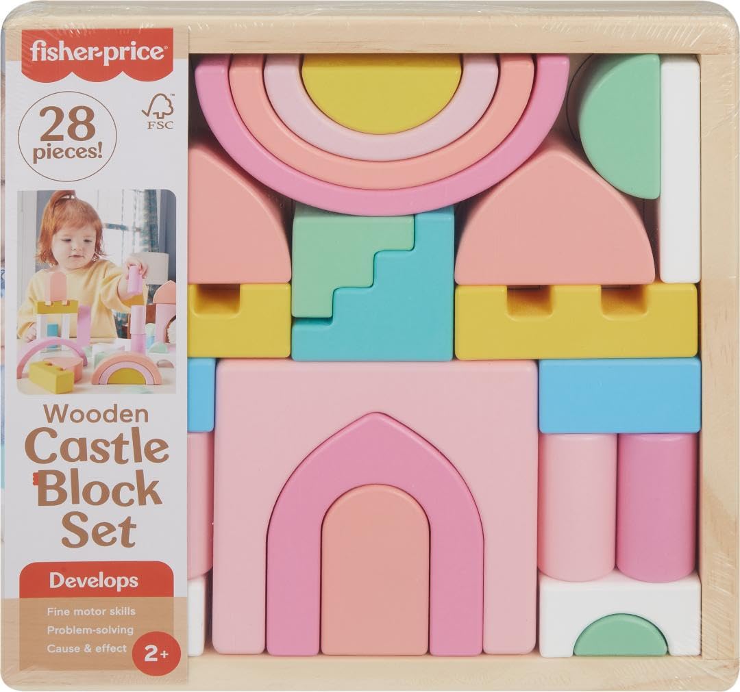 Fisher-Price Wood Toddler Toy Castle Block Set, 28 Wooden Pieces for Stacking Developmental Play Preschool Kids Ages 2+ Years
