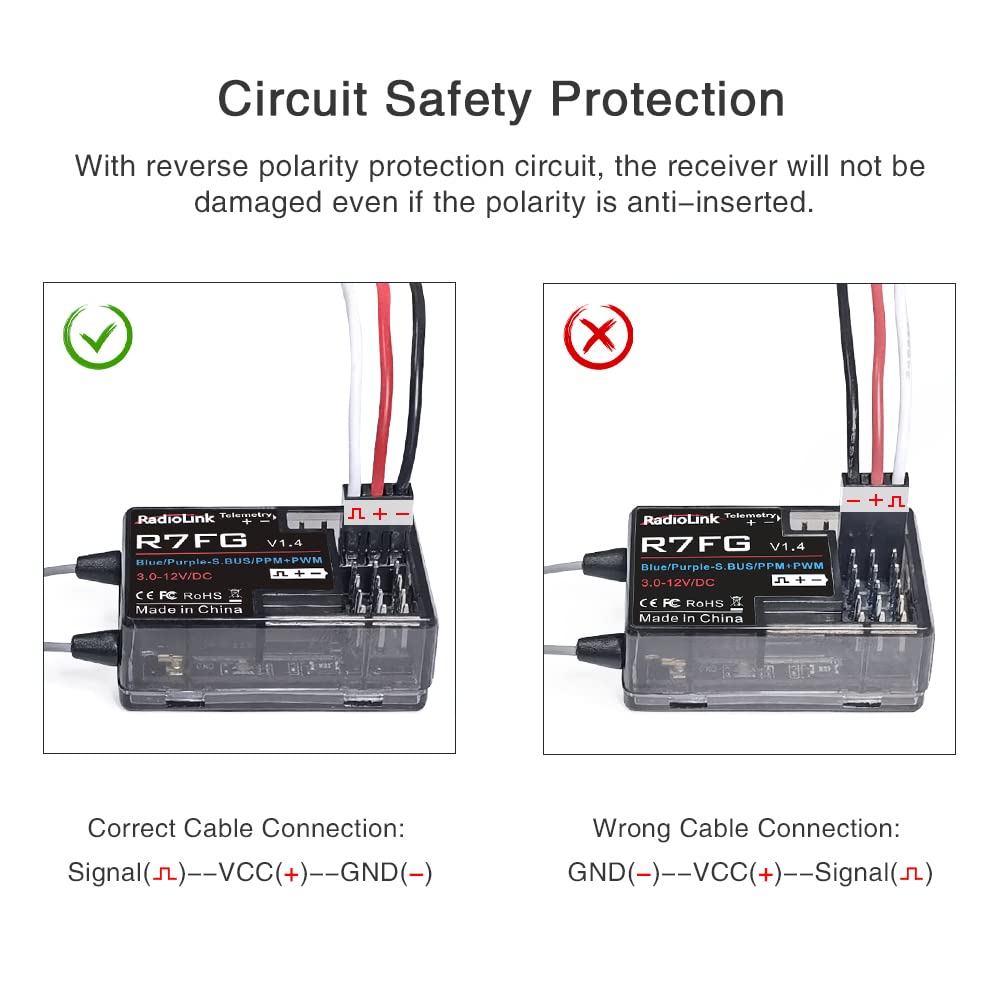 Eighteenup Radiolink R7FG 7 Channel RC Car Receiver 2.4GHz Gyro Telemetry Voltage Surface Long Range Control Compatible Remote Transmitter Radiolink RC6GS V2/RC6GS/RC4GS V2/RC4GS(2 Pcs)