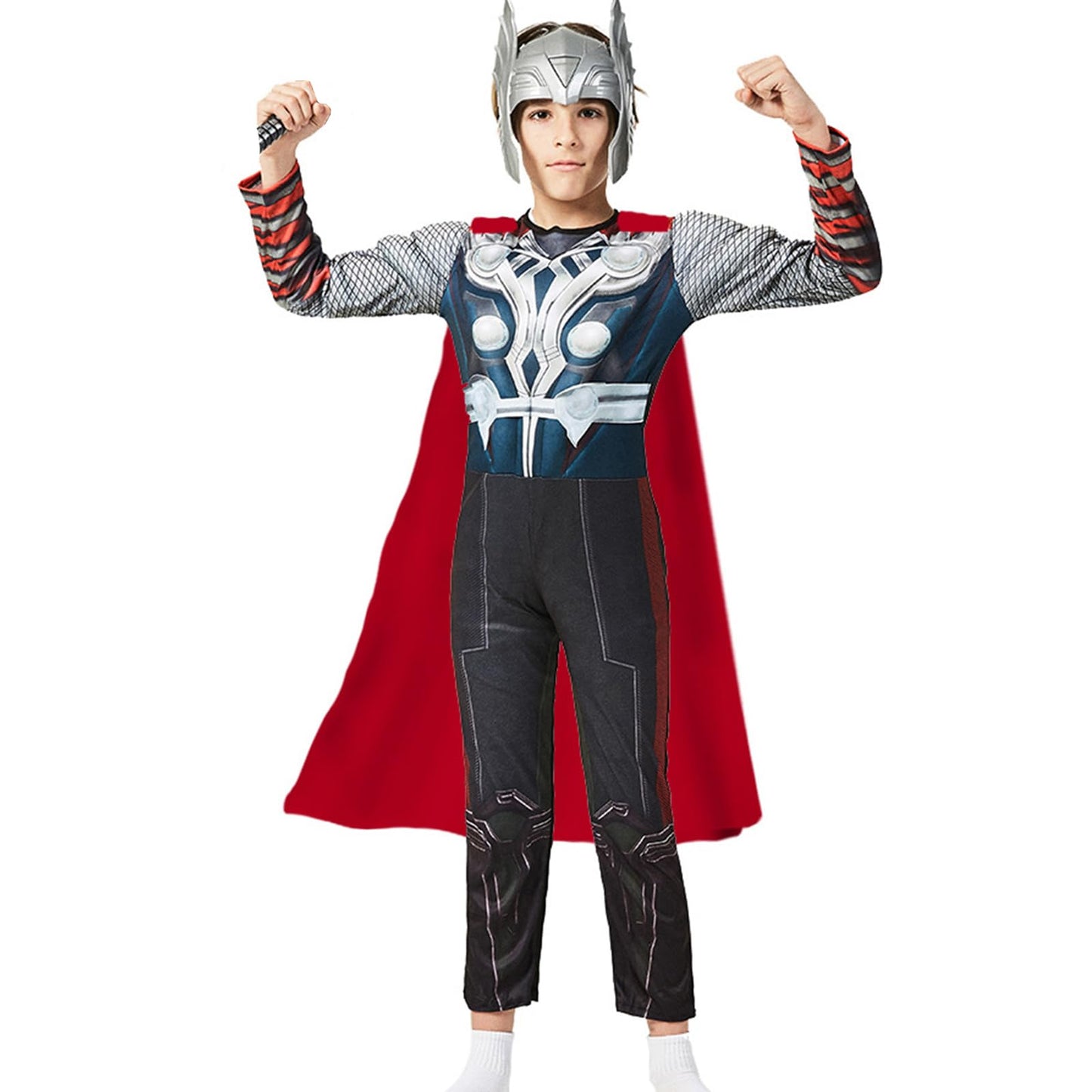 Puppyhao Super Hero Costume Kids Muscle Suit Deluxe 4Pcs SuperHero Mask Jumpsuit Cape Hammer Fun Halloween Cosplay Costume