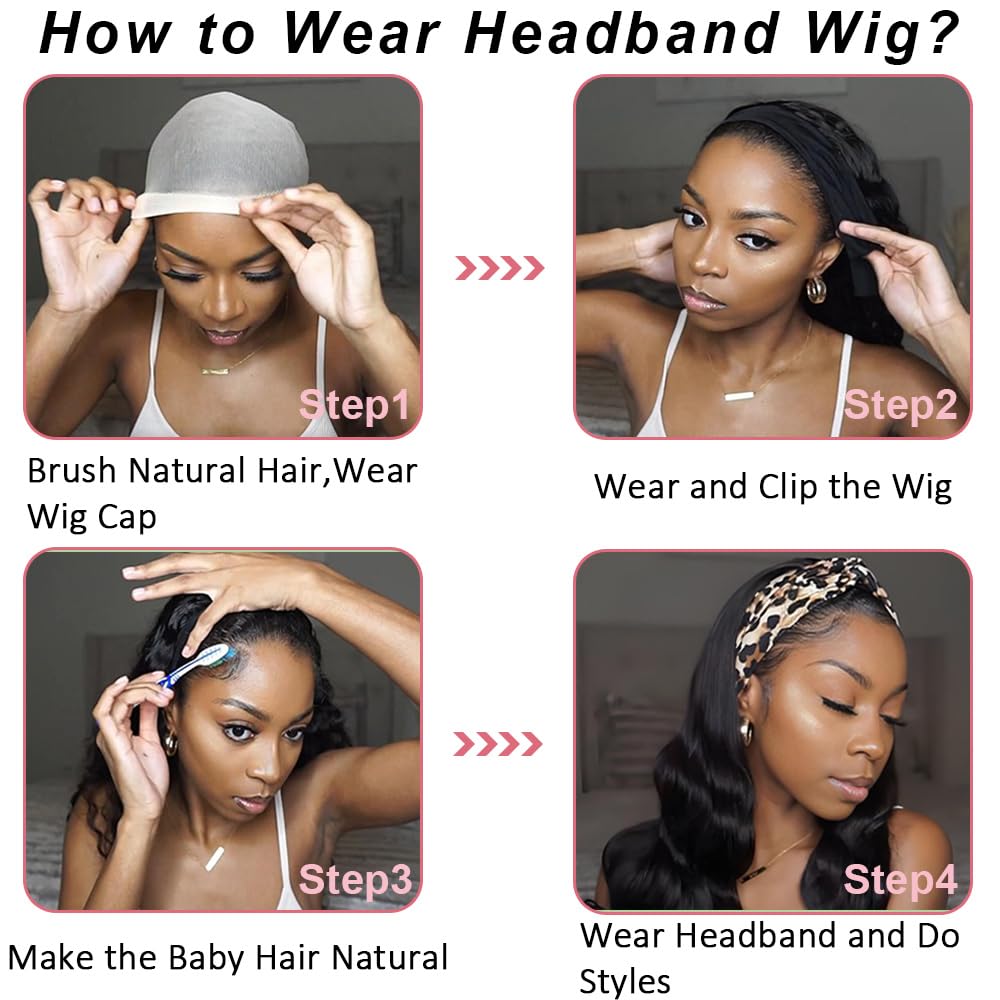 Body Wave Headband Wig Human Hair 150% Density Glueless Wig for Black Women No Lace Front Machine Made Short Half Wig Beginner Friendly Natural Color 12inch