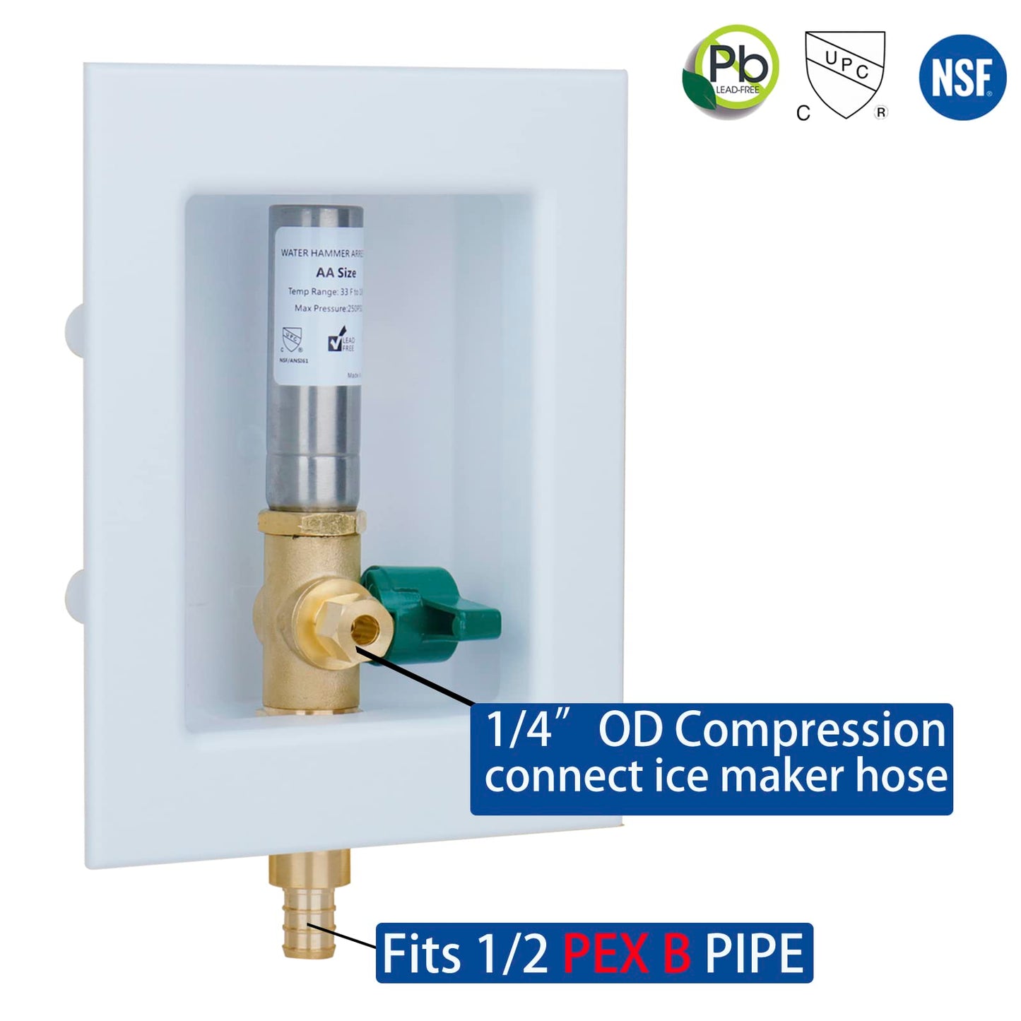 WHK Ice Maker Outlet Box Valve with PEX 1/2" Inlet,PEX Ice Maker Wall Box with 1/4 Turn Shut Off Valve to Connect PEX B Tubing(F1807) with Stainless Steel Hammer Arrestor