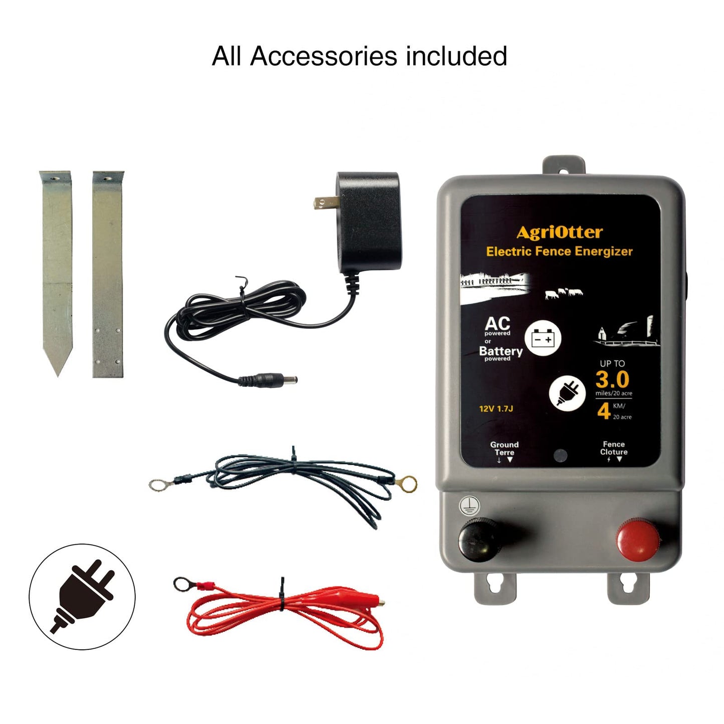 AgriOtter Electric Fence Energizer 15 Acre 2 in 1 Powered by Battery or AC Outlet 8000V 1.75J Pulse Electric