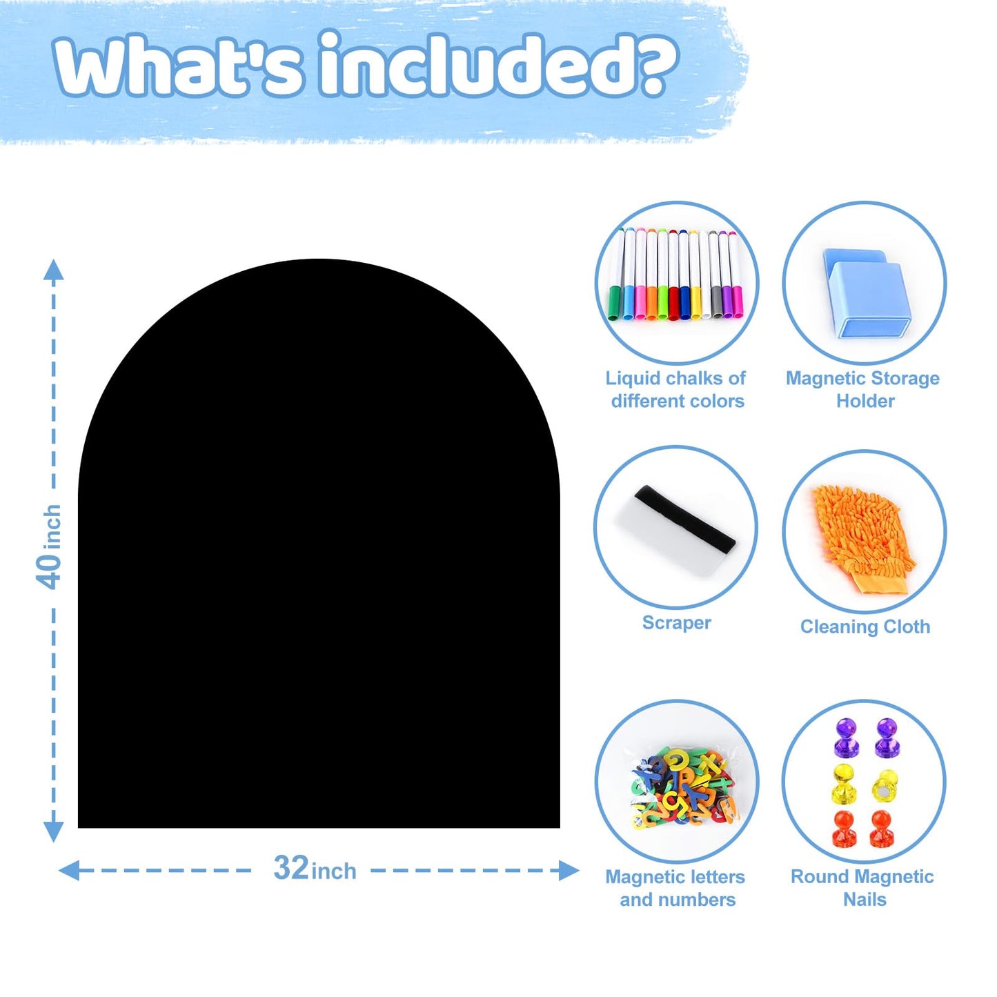 Magnetic Wall Decal Arch Set for Kids, Upgraded Self-Adhesive Magnetic Chalkboard, Magnet Board for Kids Drawing Learning Playroom, School, Home(Black 40 x 32 in)