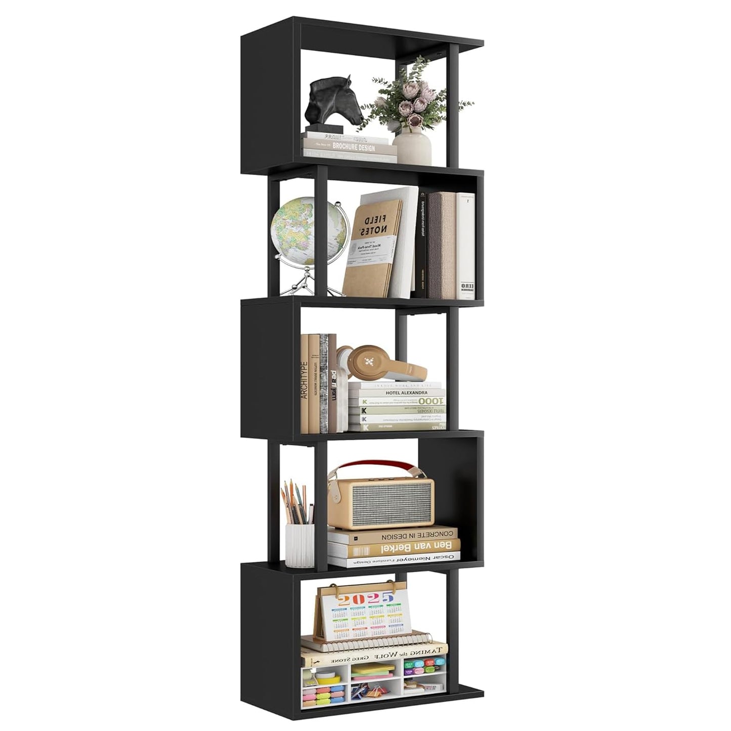 Gadroad 5-Tier Bookshelf, Narrow S-Shaped Geometric Bookcase,Modern Freestanding Display Shelves, Book Shelf Unit for Living Room Bedroom Home Office, Black
