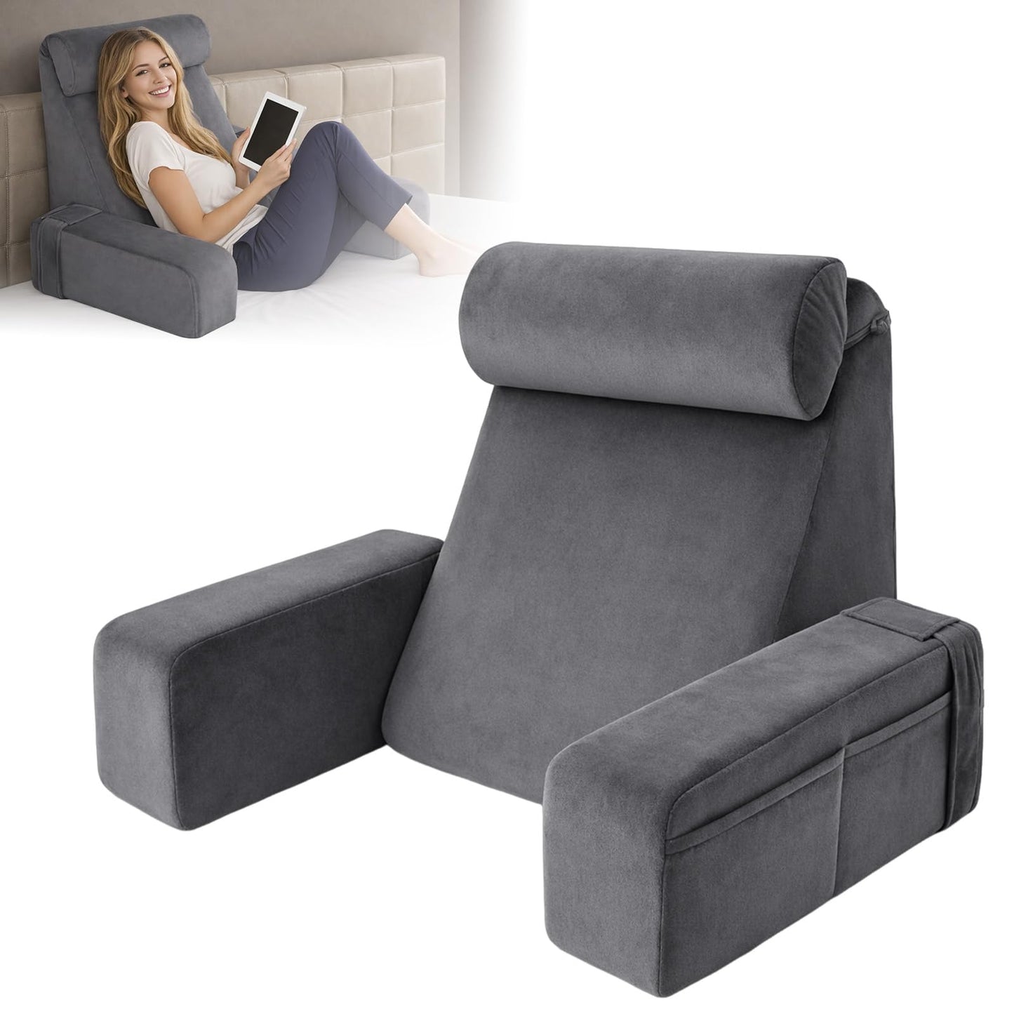 19" Reading Pillow for Bed Adult, Backrest Support Pillow for Bed, Sofa, Floor, Comfortable Back and Neck Support with Side Pocket, Removable & Washable, Ideal for Reading, Watching TV & Laptop Use