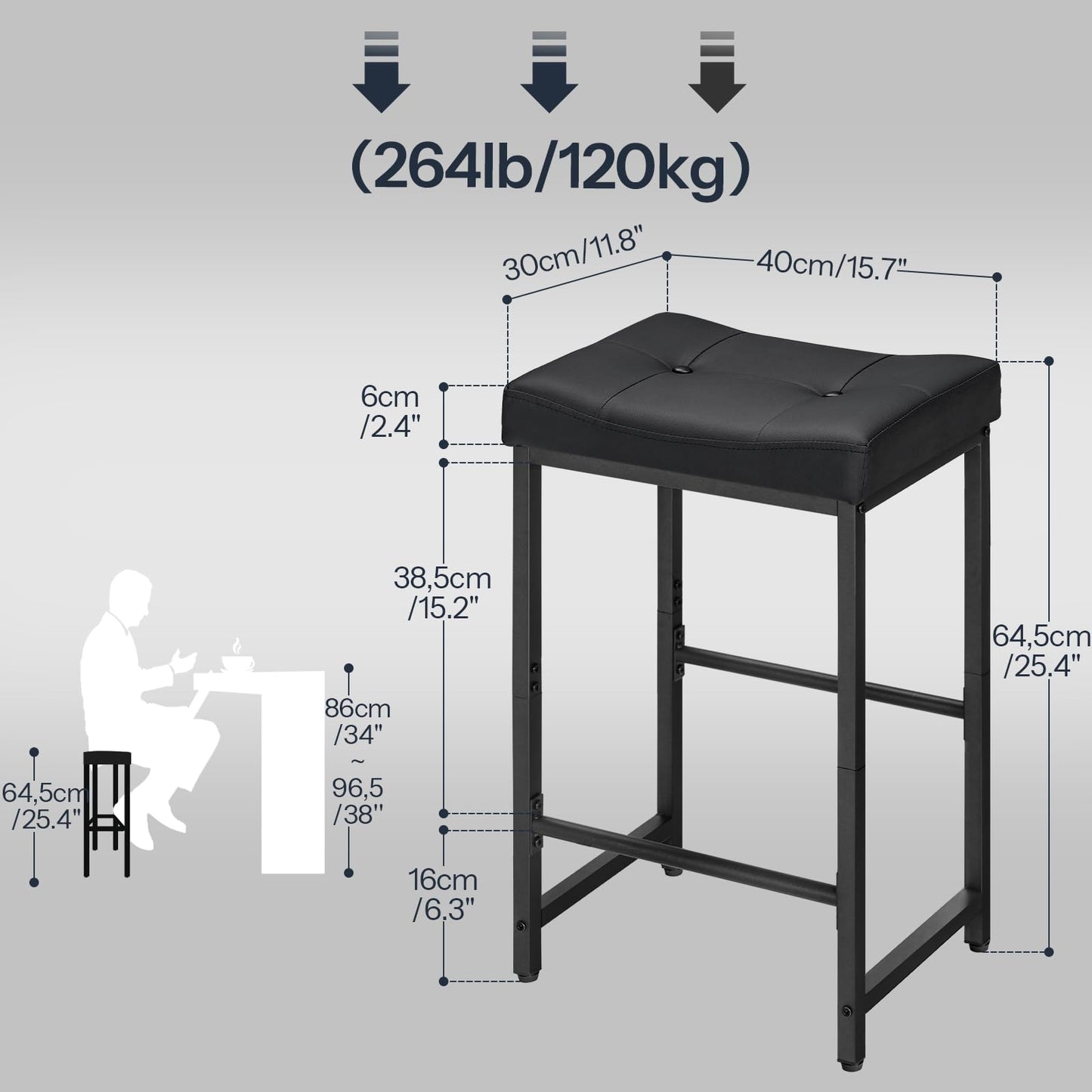 HOOBRO Bar Stools, 64.5 cm Saddle Stools with PU Upholstery, Counter Height Stools with Footrest, Kitchen Breakfast Chairs, for Dining Room, Cafe, Bar, Black BB23BY01