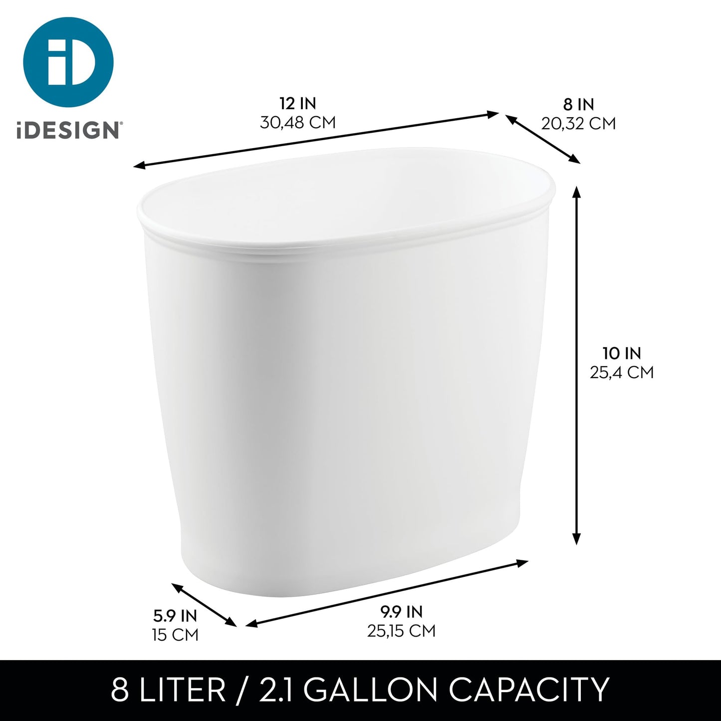 iDesign Kent Bathware, Oval Wastebasket Trash Can for Bathroom, Kitchen, Office - White