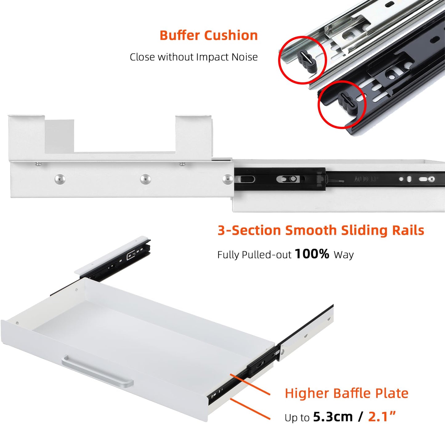 OSteed Under Desk Drawer White 54cm with 4 Divider Trays, Metal Pull Out Storage Drawer for Workbench, Standing Desk Drawer Attachment, Attachable Desk Organizer, Under Shelf Pencil Drawer Slide-out