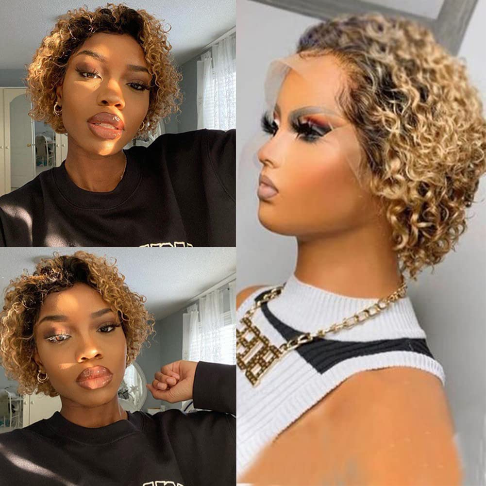 Fereowth Ombre Short Curly Lace Front Wigs Human Hair Wig for Women Brown 1B/27 Pixie Cut Wigs Human Hair Short Curly Human Hair Wig Pre Plucked with Baby Hair 150% Density